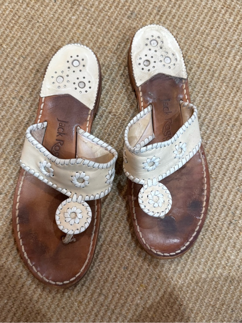 Jack Rogers Cream Leather Daisy Medallion Sandals
